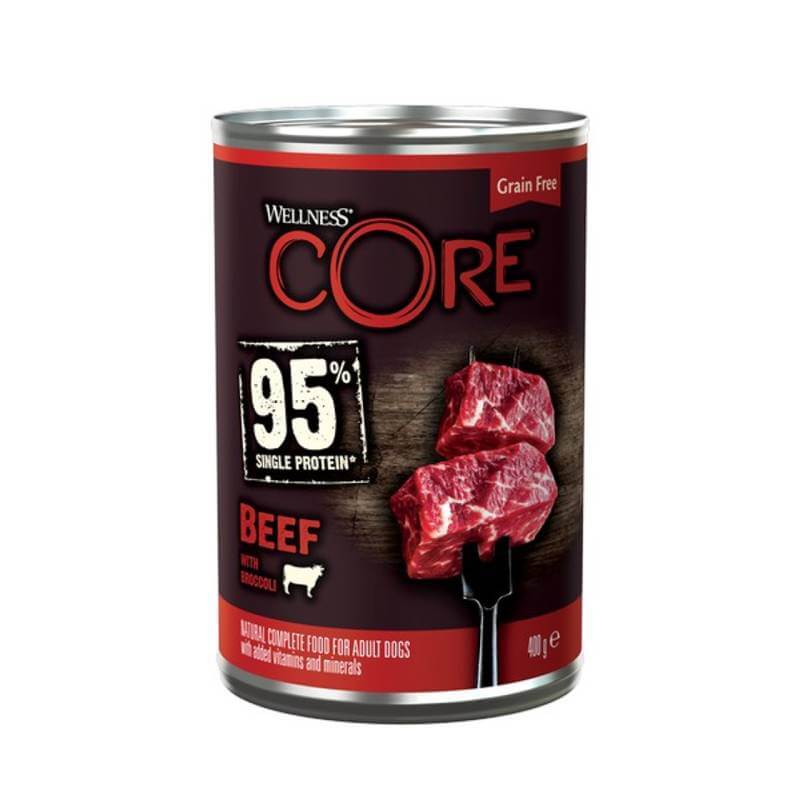 A 400g can of Wellness CORE 95% single protein beef with broccoli dog food.