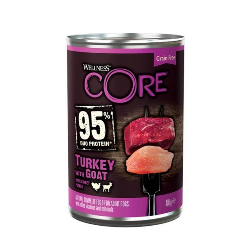 Wellness CORE Turkey &amp; Goat Dog Food with Sweet Potato, 95% protein, 400g can.
