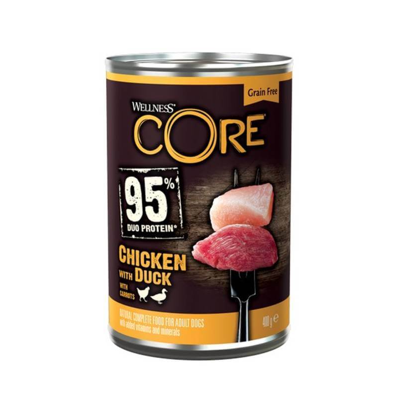 Wellness CORE 95% Duo Protein Chicken &amp; Duck with Carrots, 400g, by Wellness Pet Food.