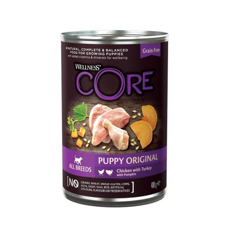 Wellness CORE Puppy Wet Chicken &amp; Turkey with Pumpkin 400g, grain-free.