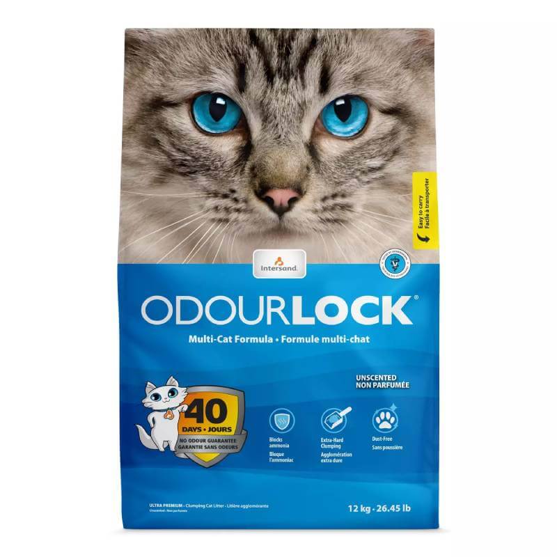 Intersand Odourlock Cat Litter bag with gray cat’s face and blue accents.