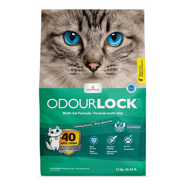 Bag of Intersand Odourlock Calming Breeze cat litter with odour control details.