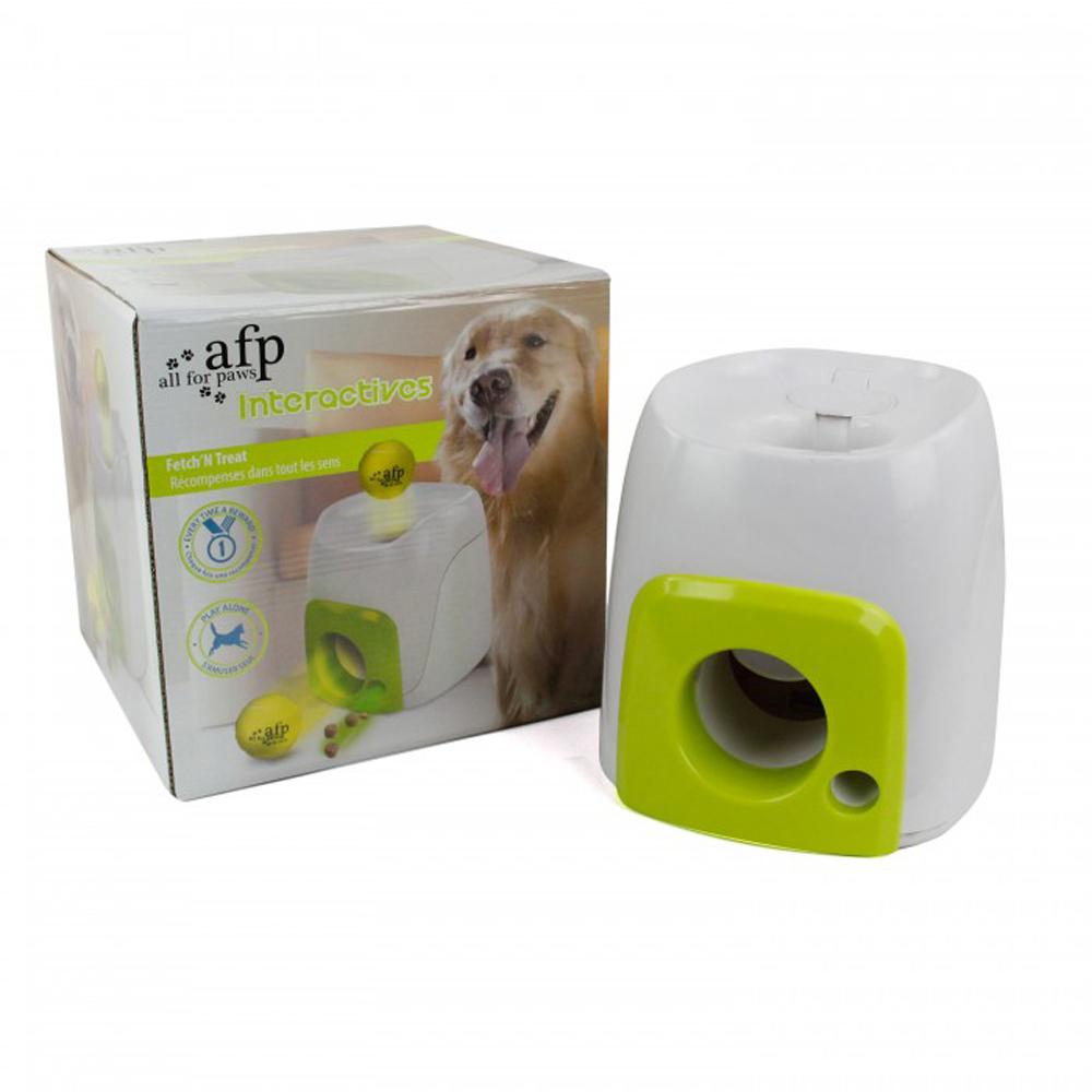 All For Paws Interactives Dog Fetch N Treat: white & green dog treat dispenser with dog on box.