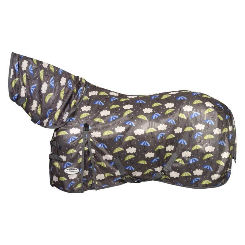 Horse in a Weatherbeeta Comfitec Mesh II Umbrella Print rug, with UV protection and rain cover.