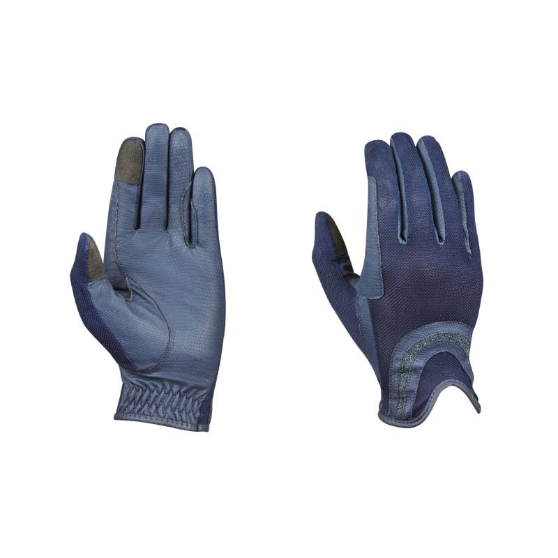 Dublin Pull On Glitter Mesh Back Riding Gloves Navy Adult shown palm up and down on white.