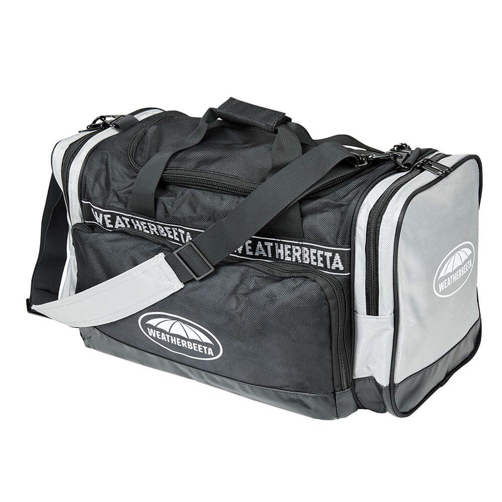 Weatherbeeta Gear Bag Black Silver with shoulder strap and waterproof bottom.