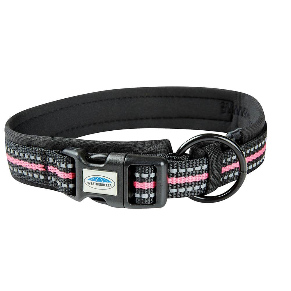 Weatherbeeta Reflective Dog Collar Black Pink with stripes, plastic buckle, and metal ring.