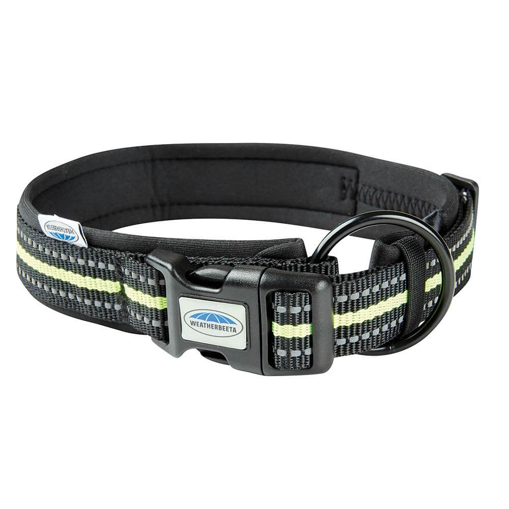 Weatherbeeta Reflective Dog Collar Black Yellow with adjustable fit and metal ring.
