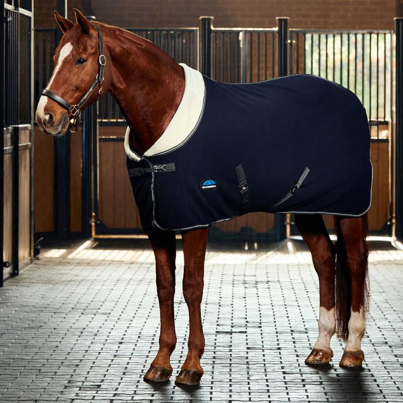 A chestnut horse wears a Weatherbeeta Sherpa Fleece Cooler Navy/Charcoal in the stable aisle.