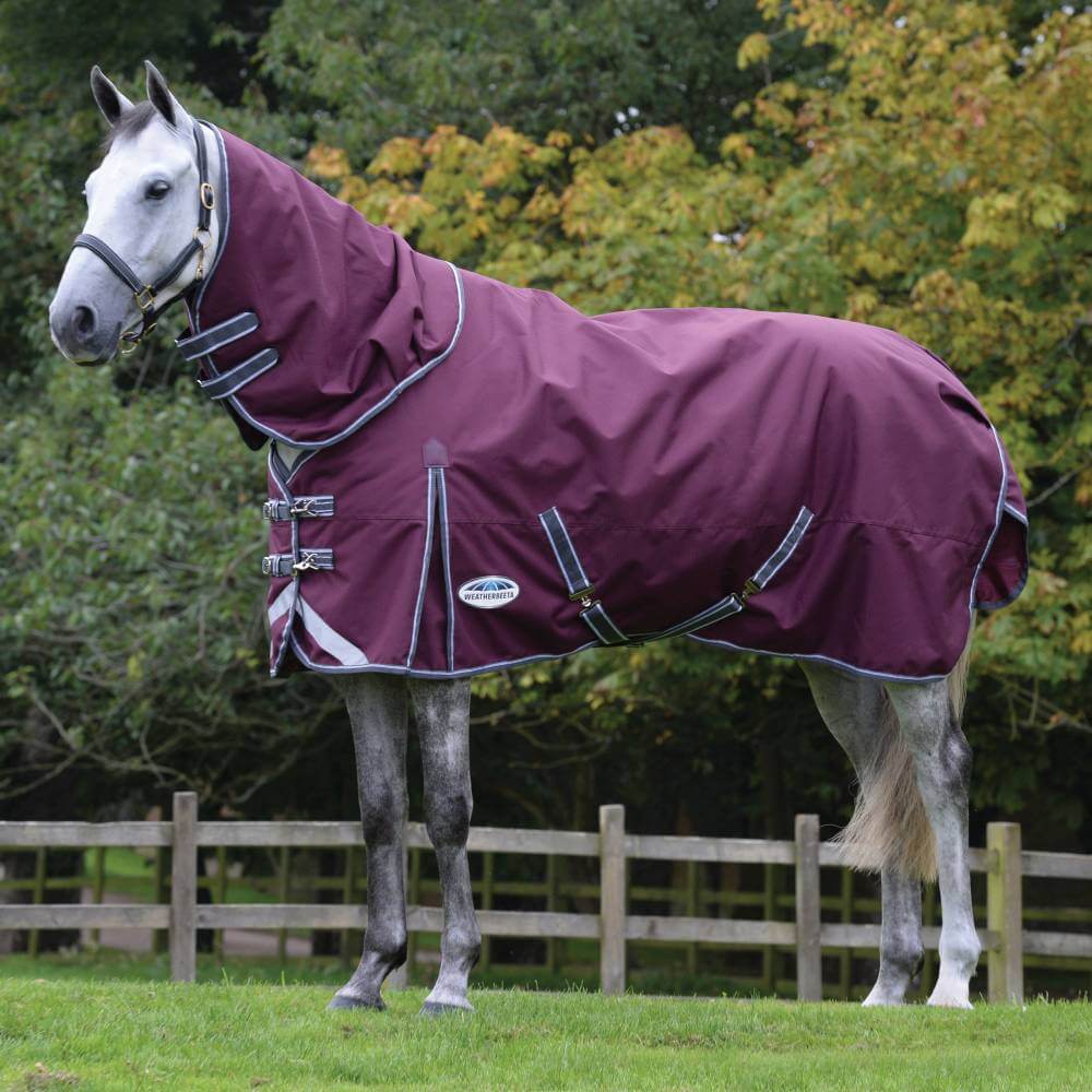 A gray horse in a Weatherbeeta maroon Comfitec Plus rug stands by a wooden fence in grass.