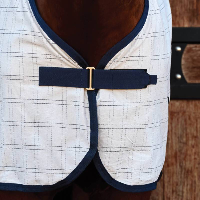 Close-up of a horse in a Weatherbeeta Comfitec Cotton Sheet Liner in white/navy.