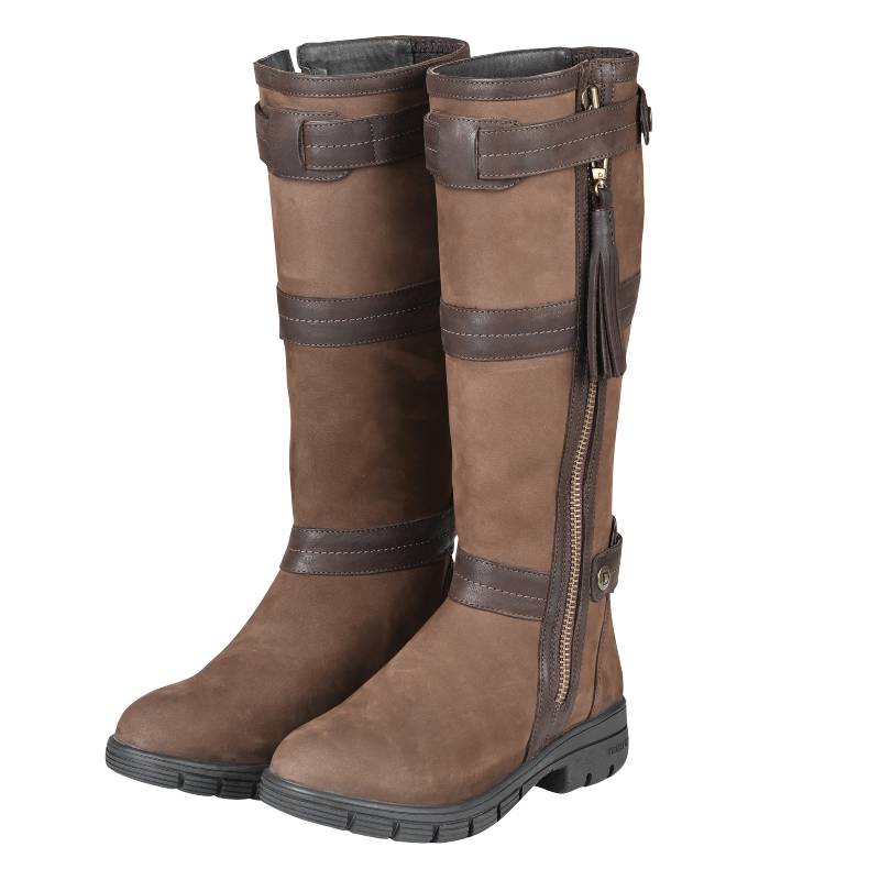 Dublin Erne Boots Chocolate Adult Wide: knee-high with nubuck upper, dark straps, side zippers.