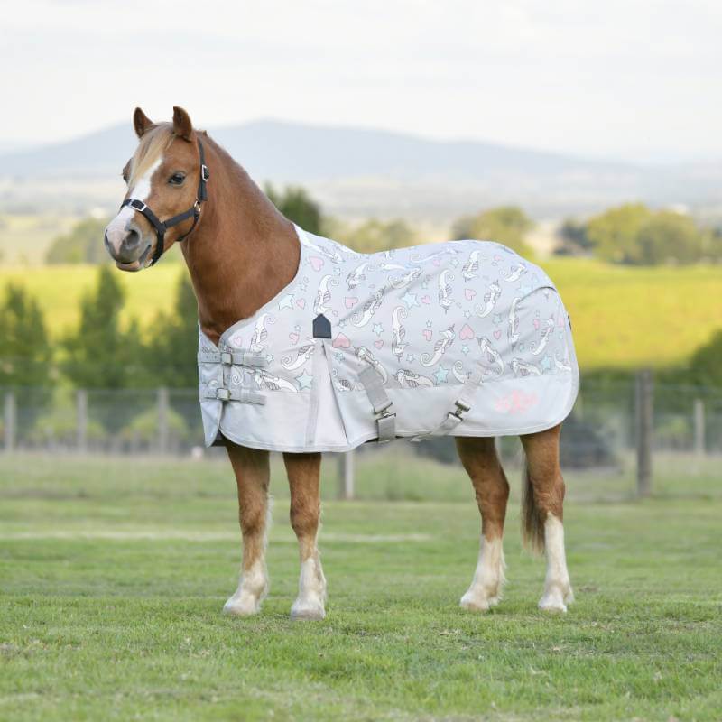 A pony in the Weatherbeeta Saxon 600D Sea Unicorn print sheet stands on grass with hills behind.