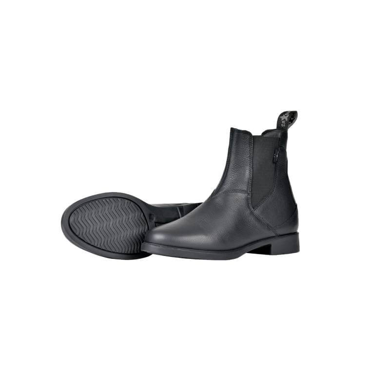 Saxon Allyn Jodhpur Boots Adults Black—one upright, one showing sole; by Saxon.