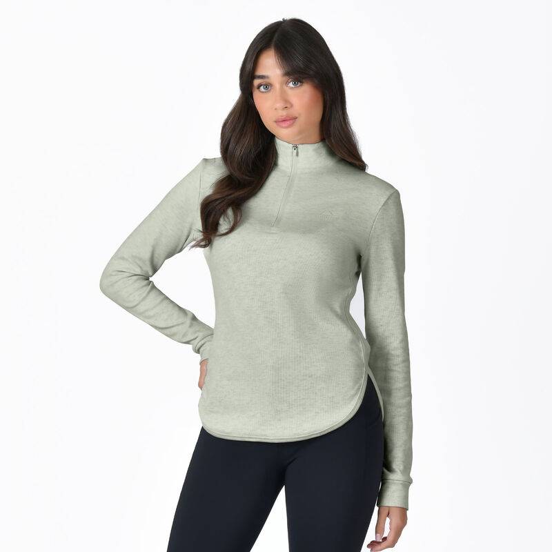 Woman wearing the Weatherbeeta London Layer Long Sleeve Top in Olive Marle against a white background.