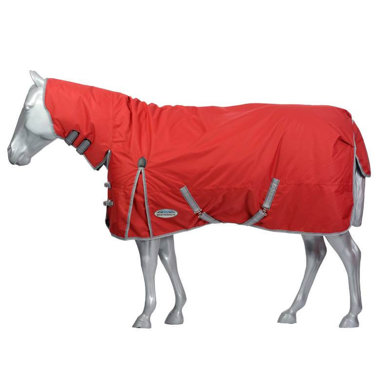 A horse mannequin wears a Weatherbeeta Comfitec Classic Combo Neck Lite Plus in red/silver/navy.