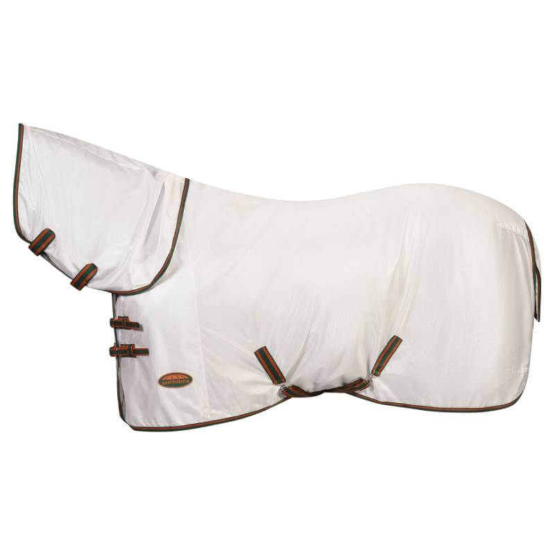 White horse wearing Weatherbeeta Comfitec Tyro Mesh Combo Neck in white/green/burnt orange.