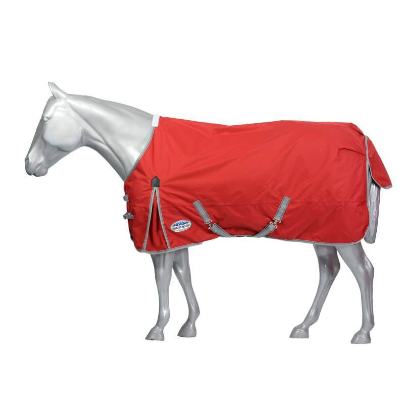 A silver horse mannequin wears a red Weatherbeeta ComFiTec Classic Standard Neck Lite Plus rug.