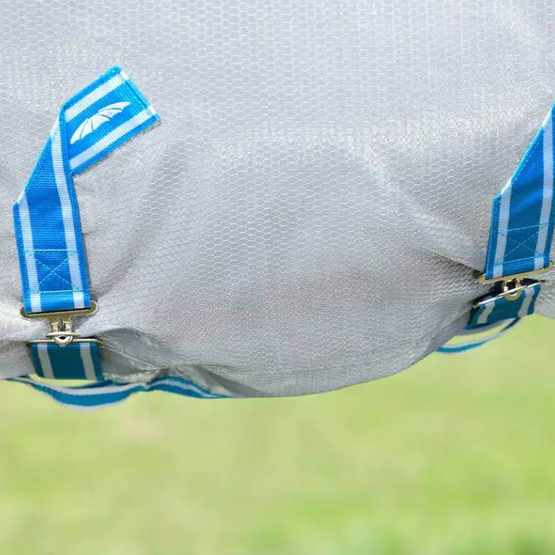 Close-up of blue straps on a Weatherbeeta Comfitec Hexi Shield fly rug, outdoors on grass.