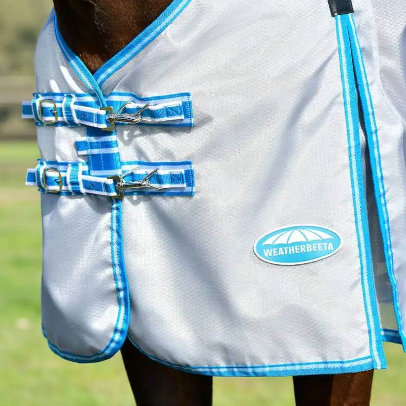 Close-up of a horse outdoors in a Weatherbeeta Comfitec Hexi Shield Silver/Teal Blue fly rug.