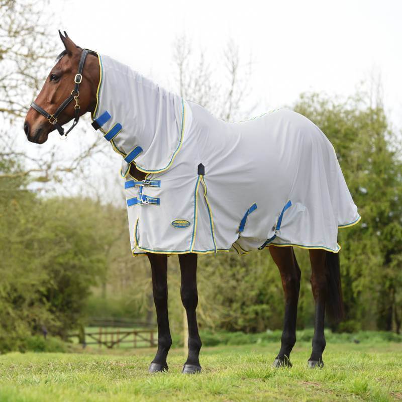 A horse wears the Weatherbeeta Comfitec Zephyr Plus Mesh Combo Neck in silver/blue/lemon.
