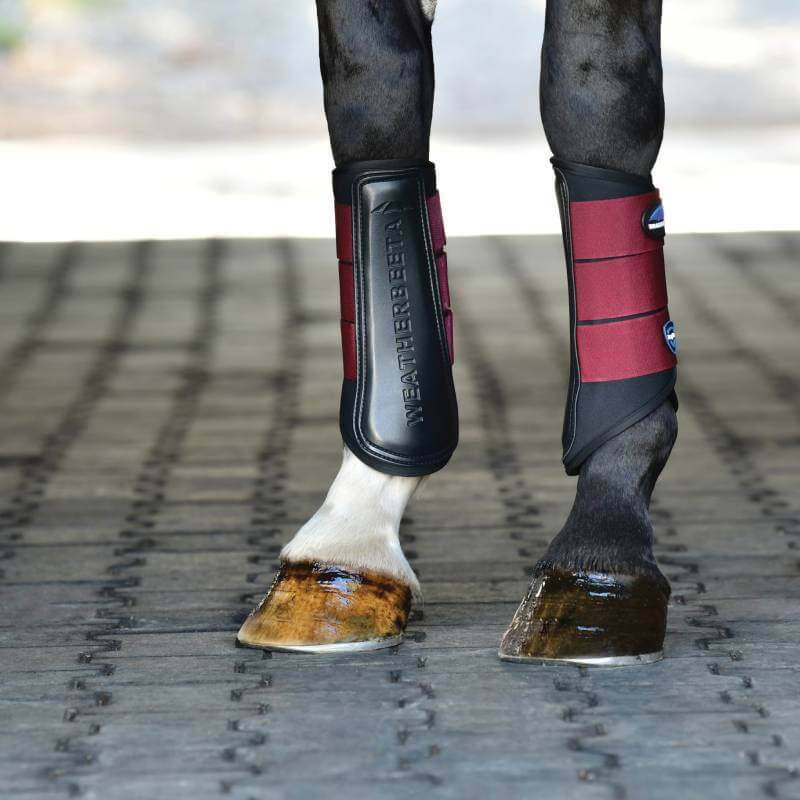 Close-up of Weatherbeeta Tough-Tec Prime Brushing Boots in Black/Burgundy on horse legs.
