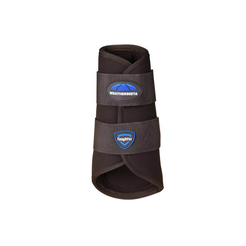 Weatherbeeta Tough-Tec Prime Brushing Boots in brown with Velcro straps and front logo.