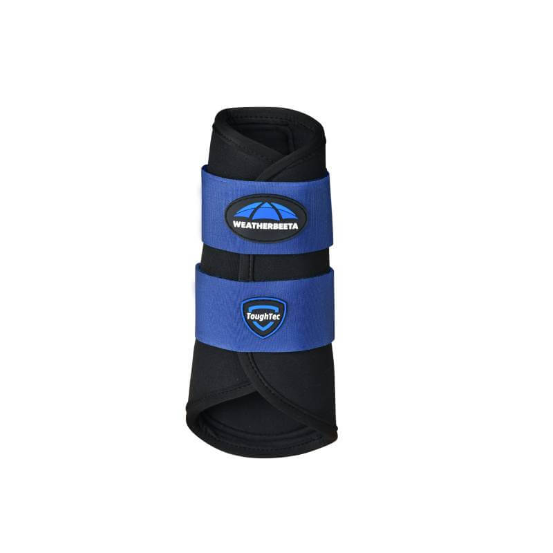 Weatherbeeta Tough-Tec Prime Brushing Boots Black/Cobalt with logo on straps.