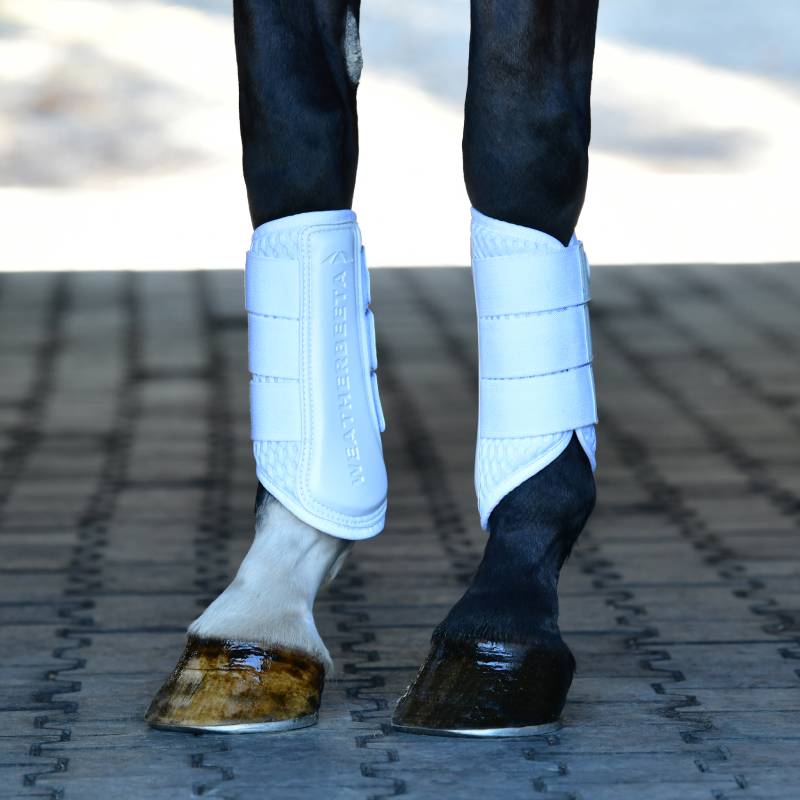 Close-up of horse legs in Weatherbeeta Tough-Tec Mesh Brushing Boots White/White on pavement.