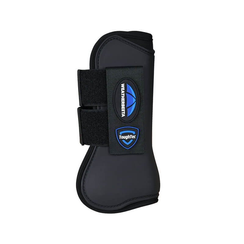 WeatherBeeta Tough-Tec Prime black open front boots with two Velcro straps and blue logos.