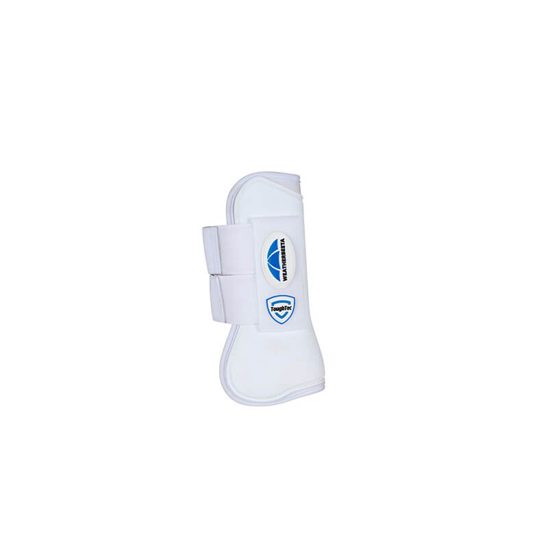 Weatherbeeta Tough-Tec Prime Open Front Boots in white with blue logo and velcro straps.