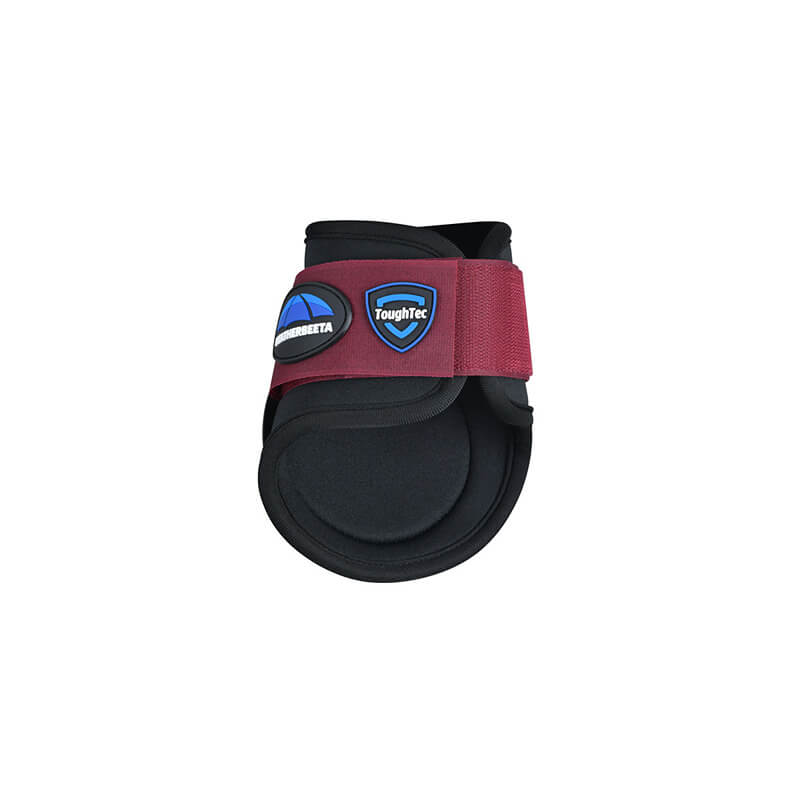 Weatherbeeta Tough-Tec Prime Fetlock Boots in black/burgundy with Velcro for horse protection.