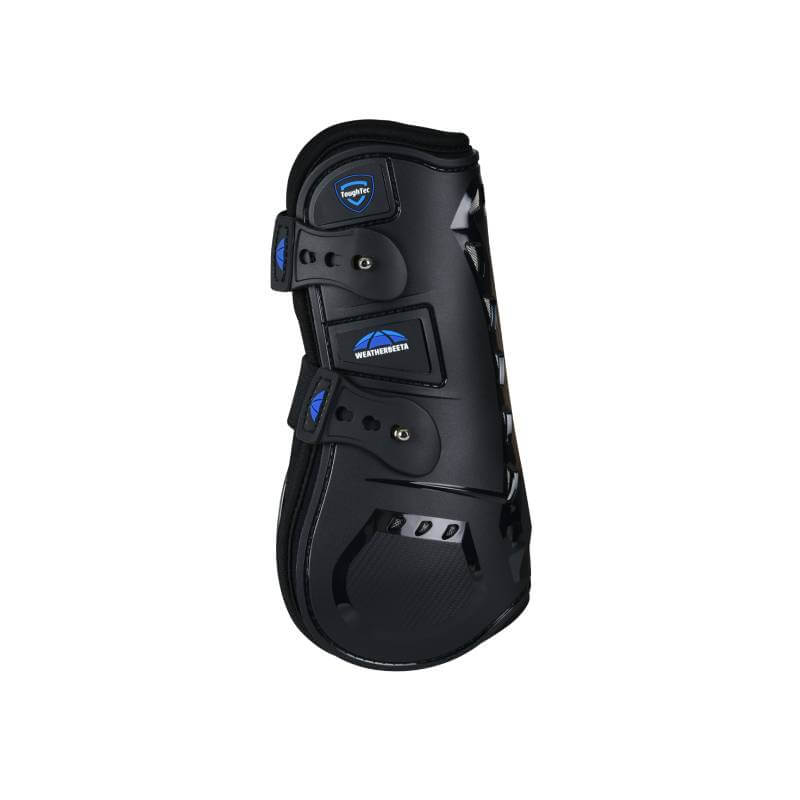 Weatherbeeta Tough-Tec Essential Open Front Boots Black with blue accents and velcro closure.