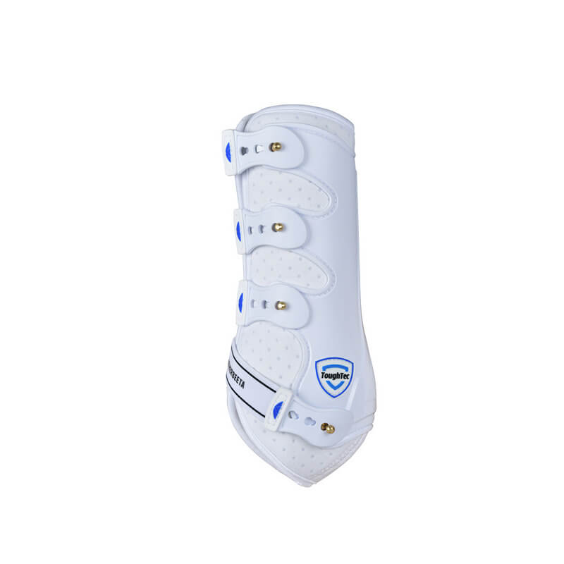 Weatherbeeta Tough-Tec white dressage boots with neoprene lining for horse leg protection.