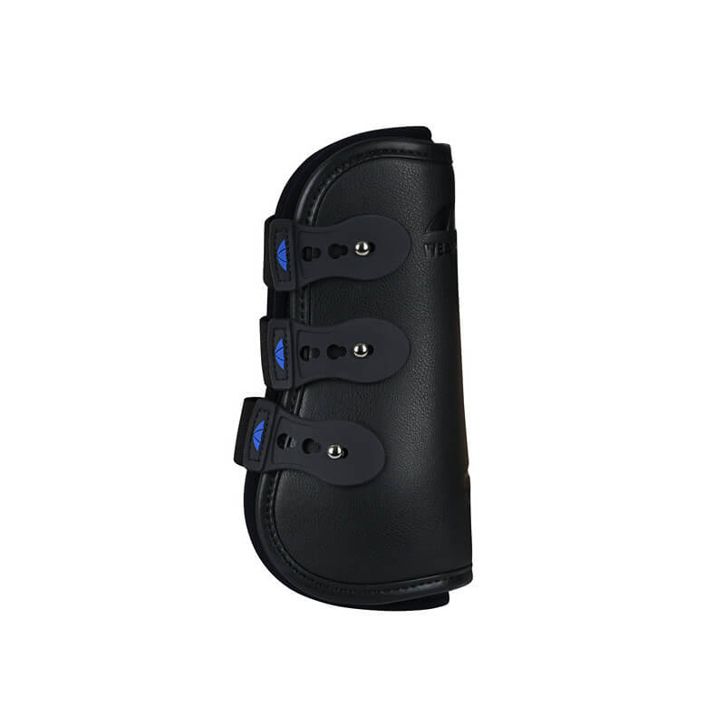 Weatherbeeta Tough-Tec Pro Open Front Boots Black for horse leg protection, black with blue straps.