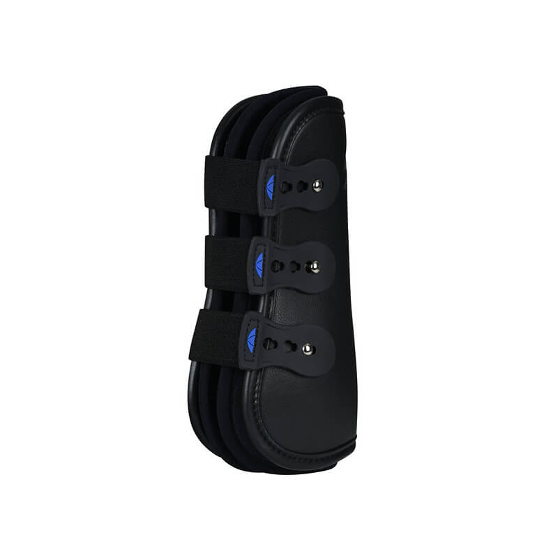 Weatherbeeta Tough-Tec Pro Open Front Boots Black provide leg protection with blue logo accents.