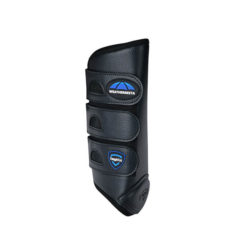 Weatherbeeta Tough-Tec Eventing Hind Boots Black with three straps and Weatherbeeta logo.