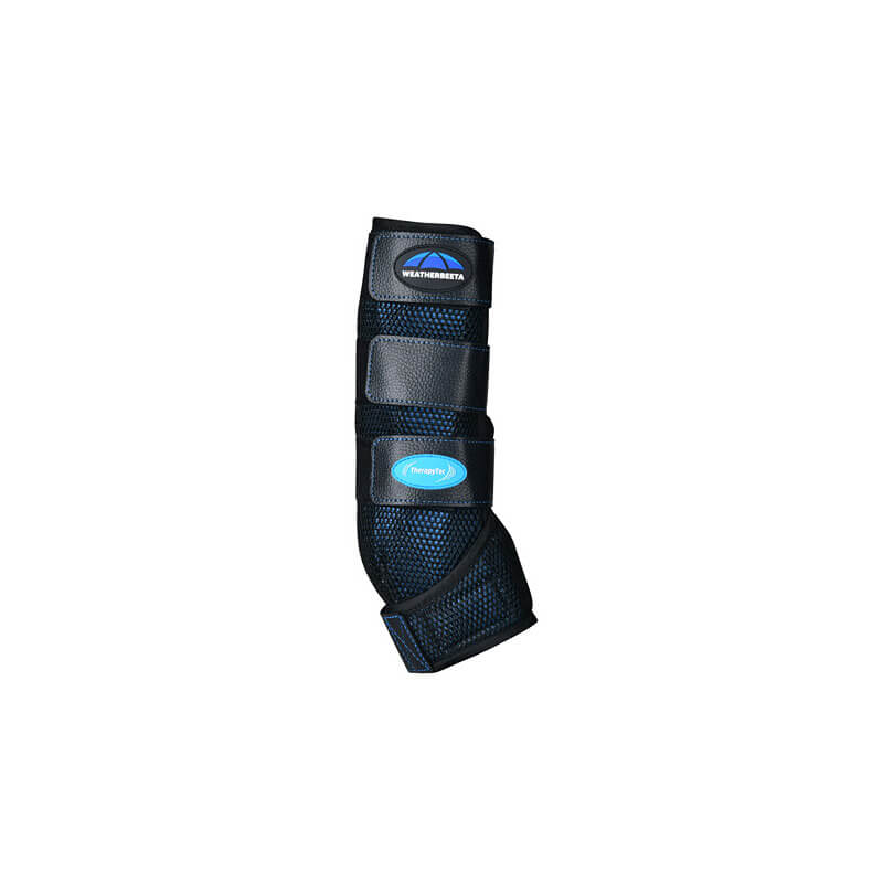 Weatherbeeta Therapy-Tec Cold Water Boots in black/blue with three straps and brand labels.
