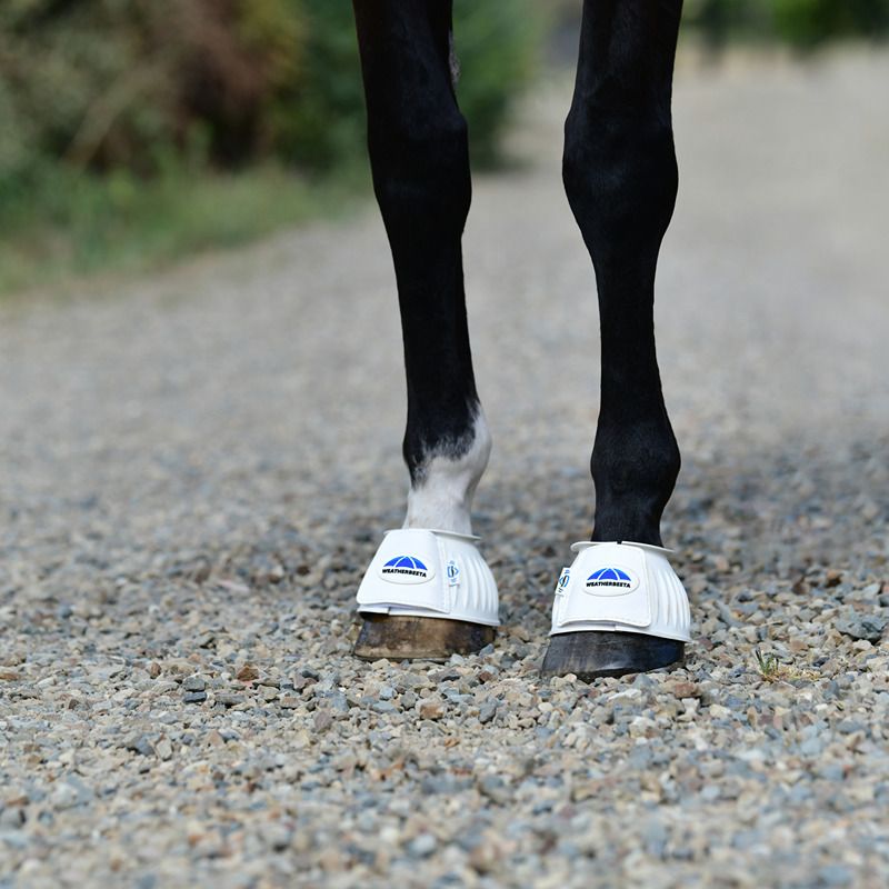 Close-up of a horse's legs on gravel in Weatherbeeta Tough-Tec Prime Rubber Bell Boots White/White.