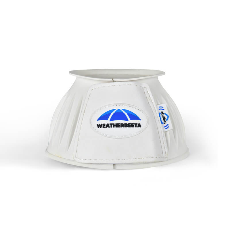 Weatherbeeta Tough-Tec Prime White bell boots with stitched detail for horse overreach protection.