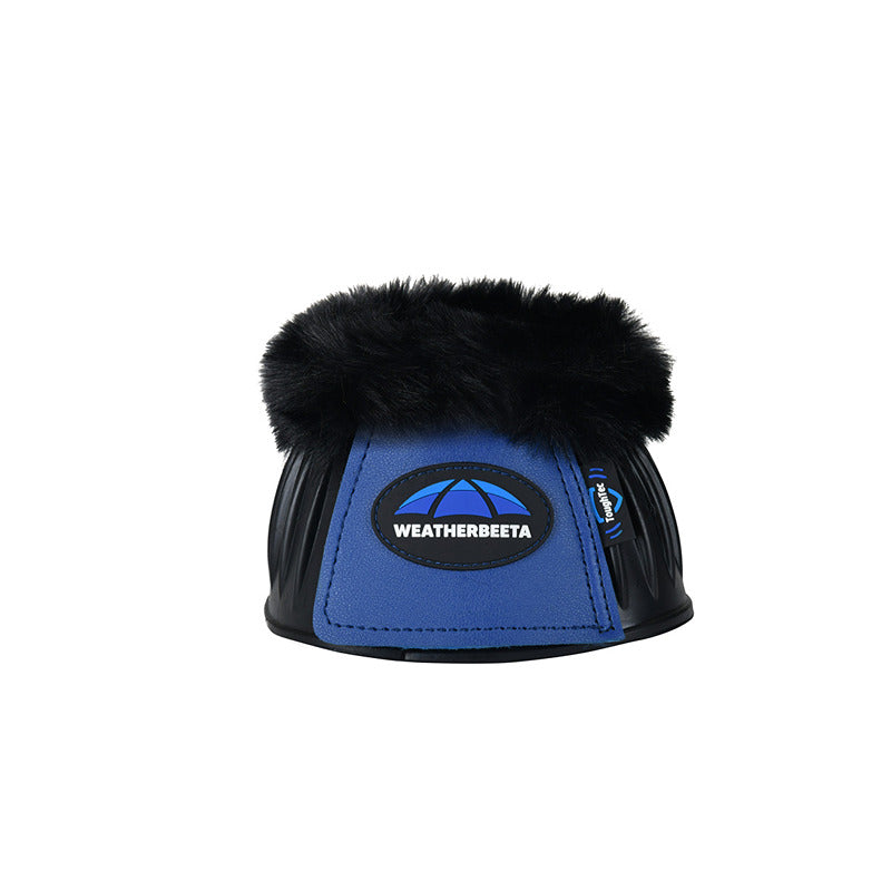 Weatherbeeta Tough-Tec Prime Black/Cobalt fleece trim rubber bell boots for horse protection.