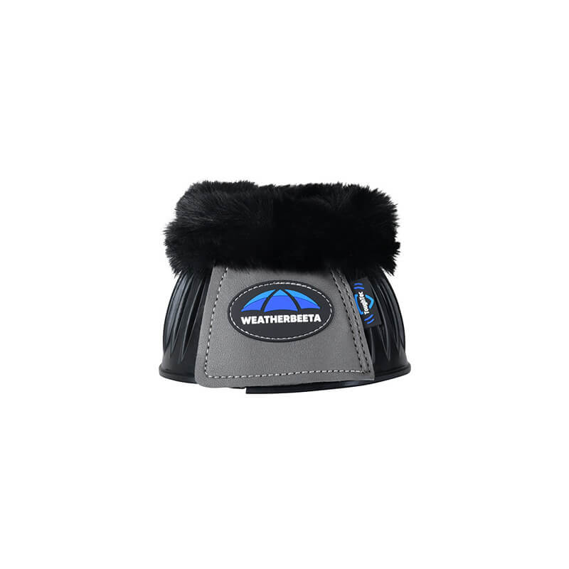 Weatherbeeta Tough-Tec Prime Fleece Trim Bell Boots, black/grey, with logo and overreach protection.
