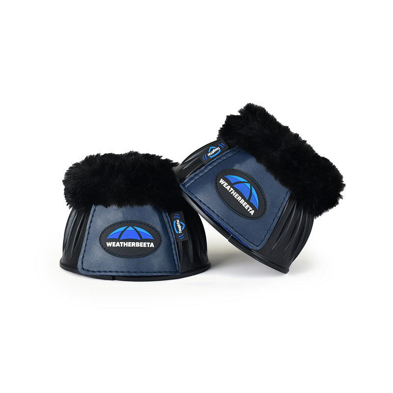 Weatherbeeta Tough-Tec Prime rubber bell boots, black/navy, with fleece trim for horses.