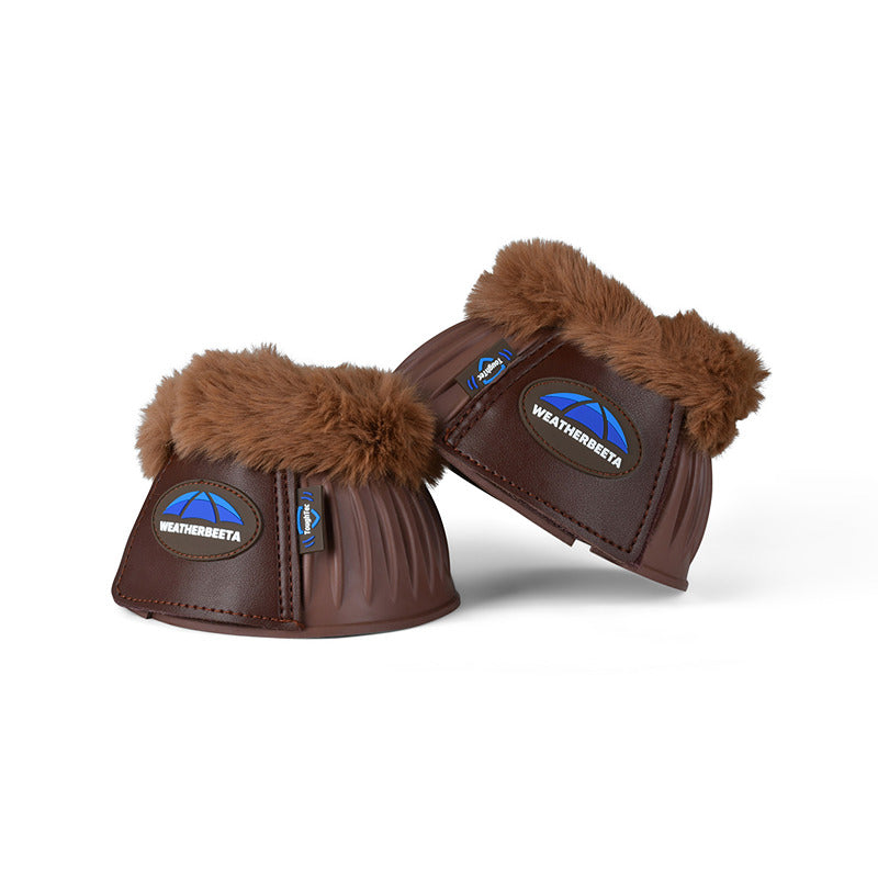 Weatherbeeta Tough-Tec Prime Bell Boots in brown with fleece trim for horse protection.