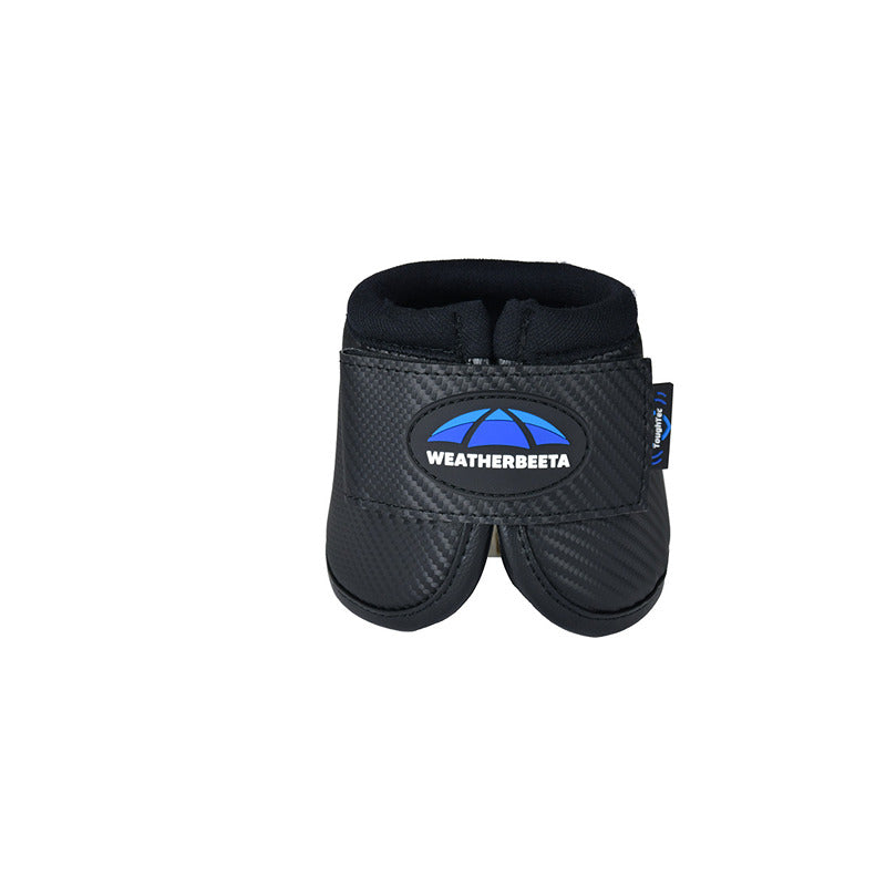 Weatherbeeta Tough-Tec Anatomical Bell Boots in black, front view with blue umbrella logo.