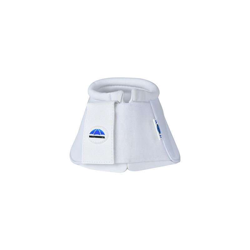 Weatherbeeta Tough-Tec Impact Bell Boots in white with blue-striped logo, orthopedic style.