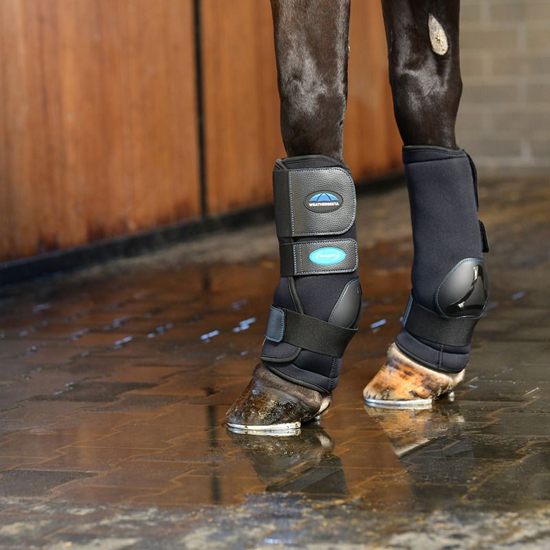 Weatherbeeta Therapy-Tec II Ultra Cool Black Ice Boots for horses, with velcro straps.