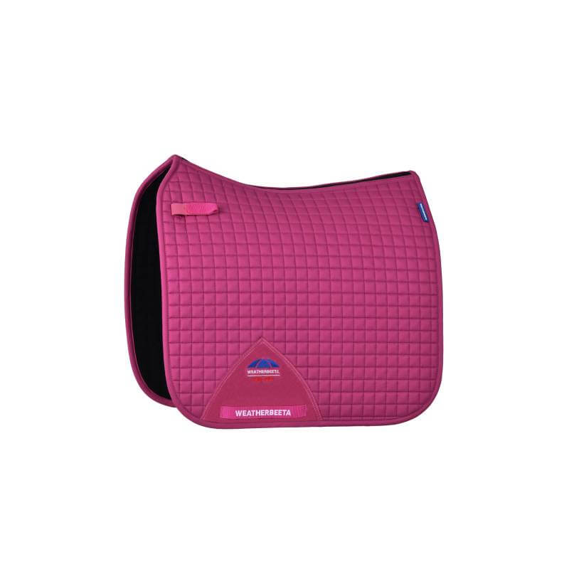 A black Weatherbeeta Prime Air-Tec dressage saddle pad with a small blue and red logo.