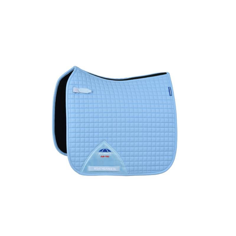 Sky blue Weatherbeeta Prime Air-Tec dressage pad with black lining and small logo patch.