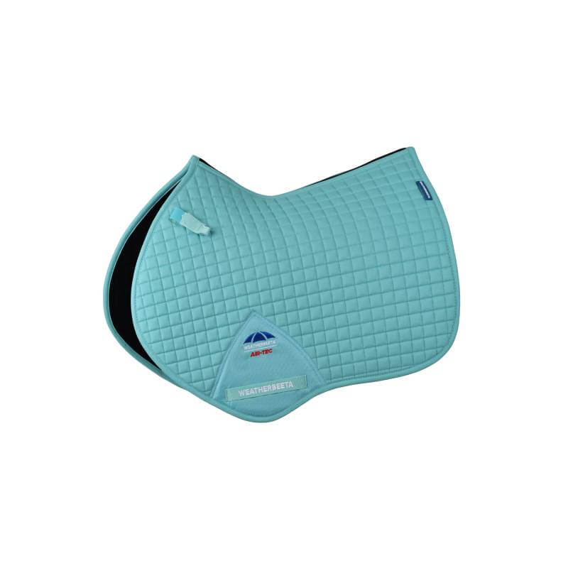 Weatherbeeta Prime Air-Tec Jump Shaped Saddle Pad in Light Aqua with small logo and label.